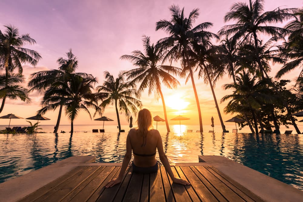 person overlooking palm trees and a beach